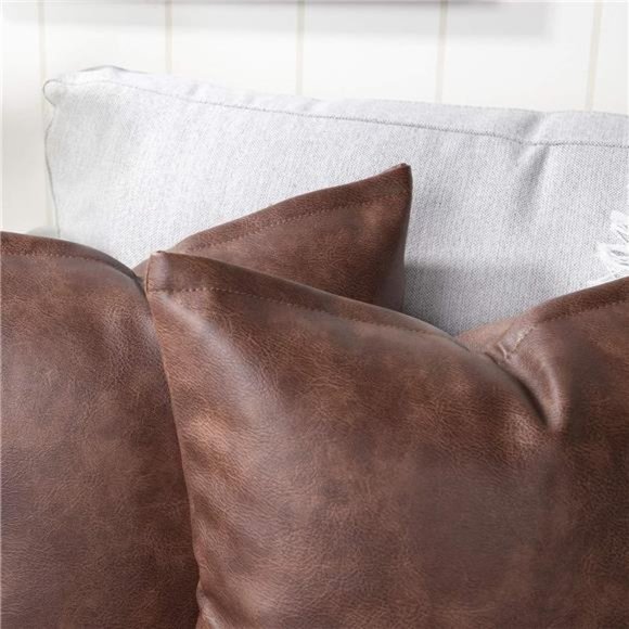 Set of 2Faux Leather Decorative Throw Pillow Covers Modern Solid Outdoor Cushion - Picture 3 of 6